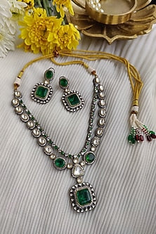 Black Rhodium Finish Kundan Polki & Green Doublet Stone Long Necklace Set