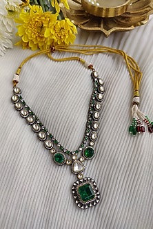 Black Rhodium Finish Kundan Polki & Green Doublet Stone Long Necklace Set