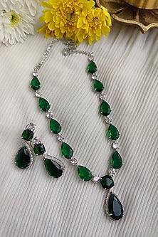 White Finish Emerald & Zircon Long Necklace Set