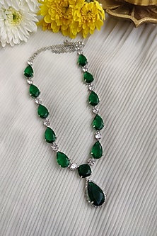 White Finish Emerald & Zircon Long Necklace Set