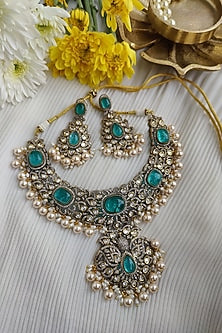 Two Tone Finish Victorian Polki & Emerald Long Necklace Set