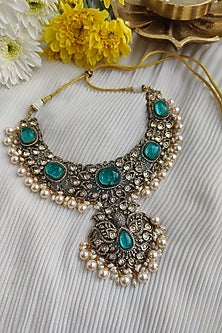 Two Tone Finish Victorian Polki & Emerald Long Necklace Set