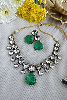 Black Rhodium Finish Kundan Polki & Green Doublet Stone Necklace Set
