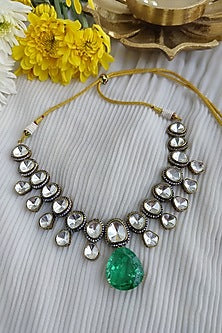 Black Rhodium Finish Kundan Polki & Green Doublet Stone Necklace Set