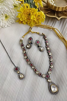 Two Tone Finish Kundan Polki & Zirconia Long Necklace Set