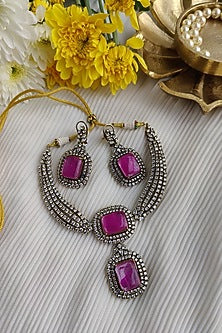 Black Rhodium Finish Diamond & Purple Stone Necklace Set