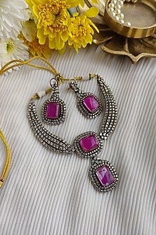 Black Rhodium Finish Diamond & Purple Stone Necklace Set