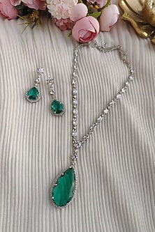 White Finish Zircon & Green Doublet Stone Long Necklace Set