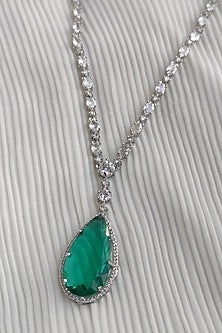 White Finish Zircon & Green Doublet Stone Long Necklace Set