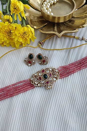 Gold Finish Kundan Polki & Pastel Bead Choker Necklace Set