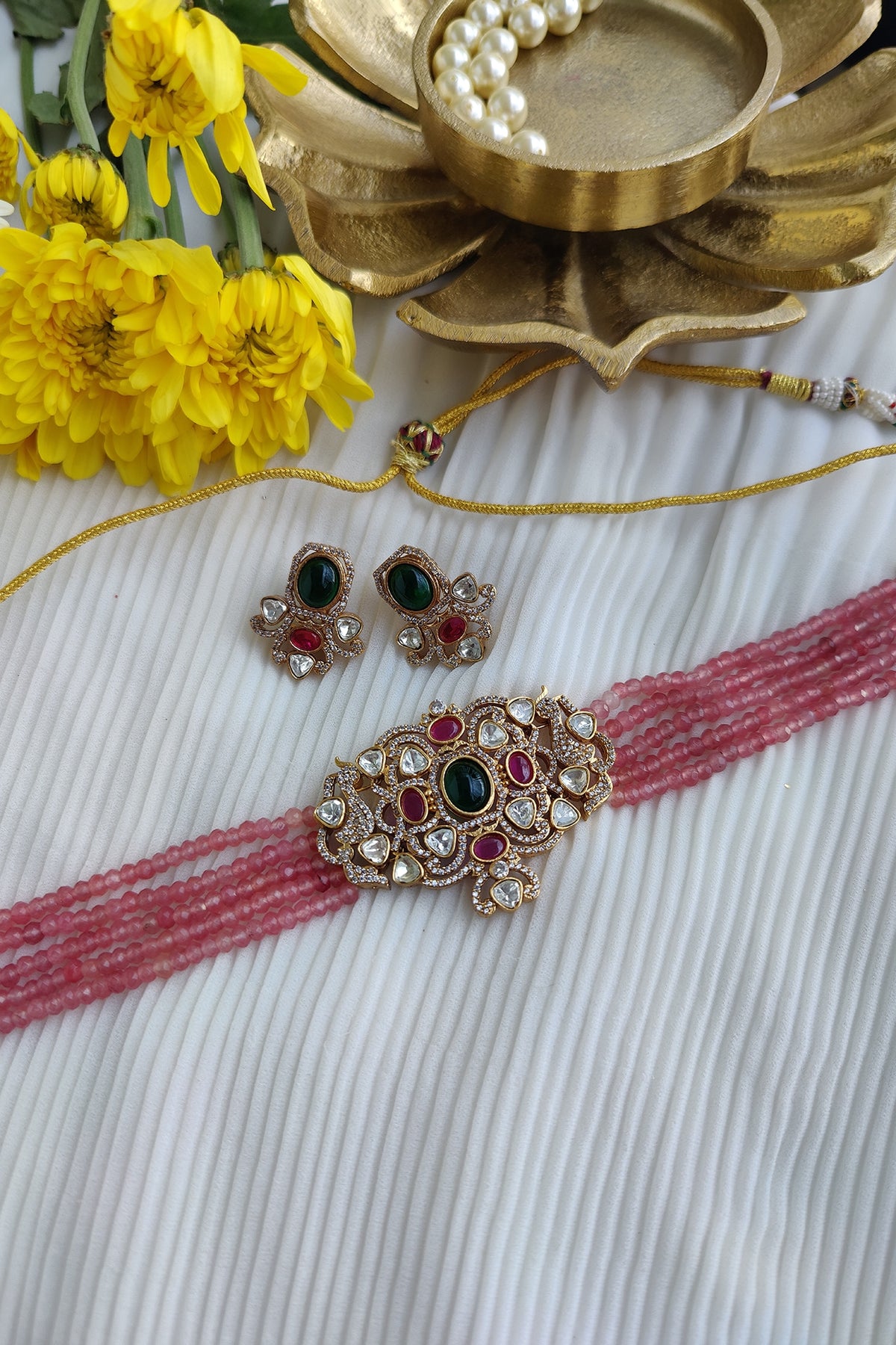 Gold Finish Kundan Polki & Pastel Bead Choker Necklace Set