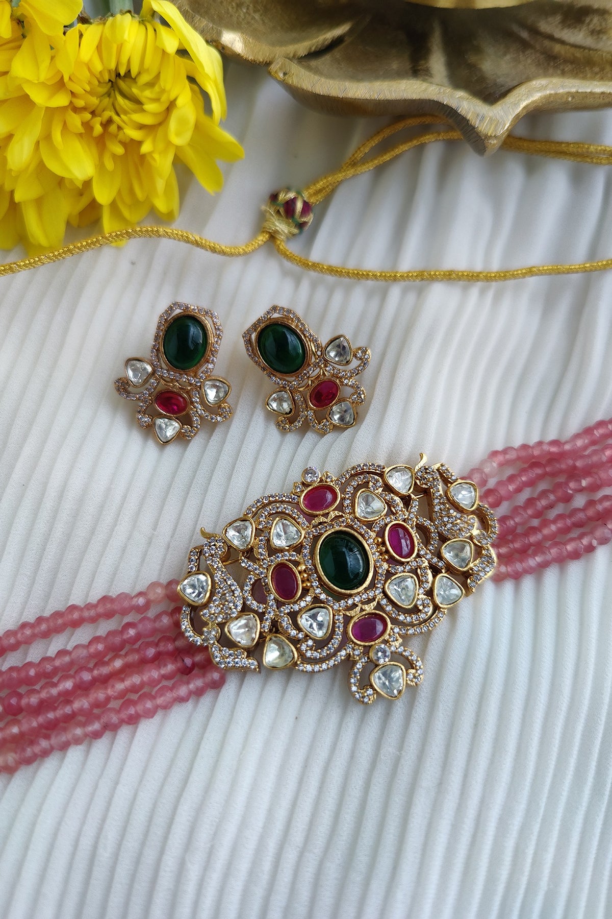 Gold Finish Kundan Polki & Pastel Bead Choker Necklace Set