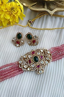 Gold Finish Kundan Polki & Pastel Bead Choker Necklace Set