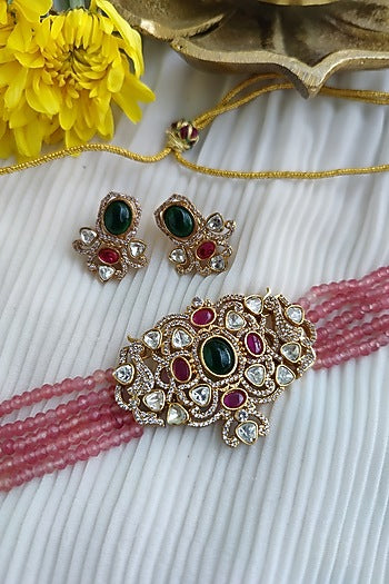 Gold Finish Kundan Polki & Pastel Bead Choker Necklace Set