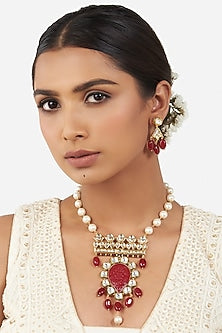 Gold Finish Red Onyx Necklace Set