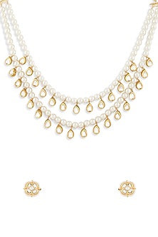Gold Finish Shell Pearl Layered Necklace Set