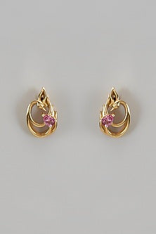 Gold Finish Pink Tourmaline Stud Earrings In Sterling Silver (Set of 2)