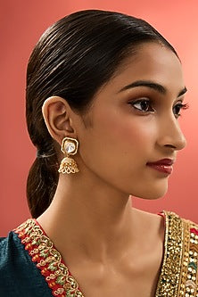Gold Finish Kundan Polki Dangler Earrings In Sterling Silver