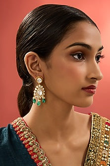 Gold Finish Kundan Polki & Emerald Stone Dangler Earrings In Sterling Silver