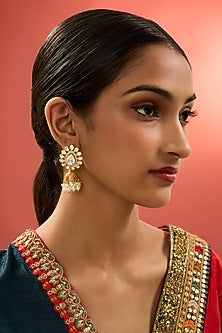 Gold Finish Kundan Polki Dangler Earrings In Sterling Silver