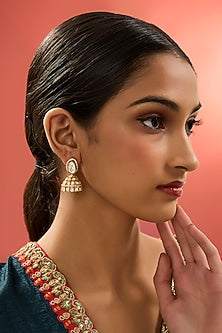 Gold Finish Kundan Polki Dangler Earrings In Sterling Silver