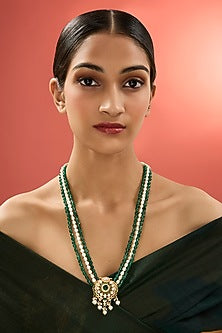 Gold Finish Kundan Polki & Emerald Stone Long Necklace In Sterling Silver