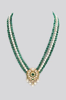 Gold Finish Kundan Polki & Emerald Stone Long Necklace In Sterling Silver