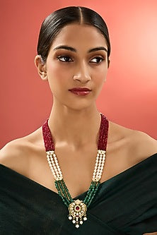 Gold Finish Ruby & Emerald Stone Long Necklace In Sterling Silver