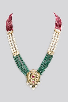 Gold Finish Ruby & Emerald Stone Long Necklace In Sterling Silver
