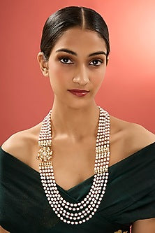 Gold Finish Kundan Polki & Emerald Stone Long Necklace In Sterling Silver
