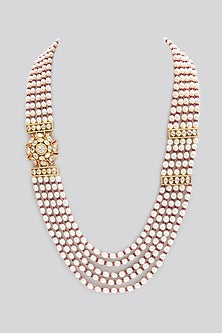 Gold Finish Kundan Polki & Emerald Stone Long Necklace In Sterling Silver