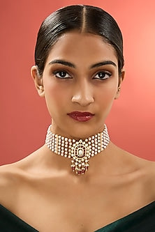 Gold Finish Kundan Polki & Freshwater Pearl Choker Necklace In Sterling Silver