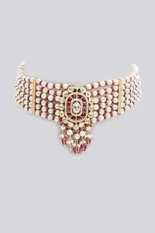 Gold Finish Kundan Polki & Freshwater Pearl Choker Necklace In Sterling Silver