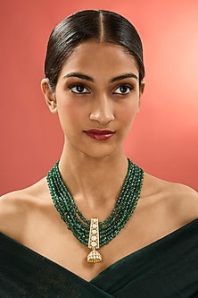 Gold Finish Kundan Polki & Emerald Stone Long Necklace In Sterling Silver