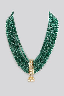 Gold Finish Kundan Polki & Emerald Stone Long Necklace In Sterling Silver