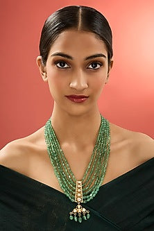 Gold Finish Kundan Polki & Emerald Stone Long Necklace In Sterling Silver