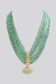 Gold Finish Kundan Polki & Emerald Stone Long Necklace In Sterling Silver