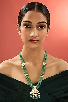 Gold Finish Kundan Polki & Emerald Stone Long Necklace In Sterling Silver