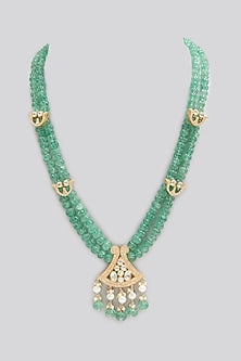 Gold Finish Kundan Polki & Emerald Stone Long Necklace In Sterling Silver