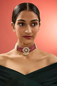 Gold Finish Kundan Polki & Ruby Stone Necklace In Sterling Silver