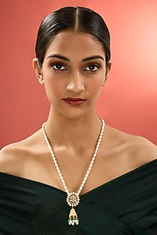 Gold Finish Kundan Polki Long Necklace In Sterling Silver