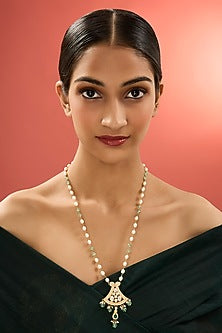 Gold Finish Kundan Polki & Emerald Stone Long Necklace In Sterling Silver