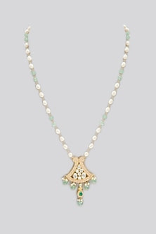 Gold Finish Kundan Polki & Emerald Stone Long Necklace In Sterling Silver