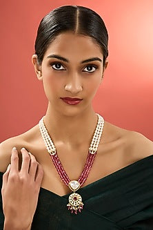 Gold Finish Pearl & Ruby Stone Long Necklace In Sterling Silver