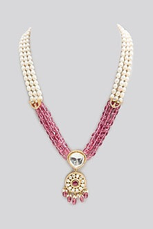 Gold Finish Pearl & Ruby Stone Long Necklace In Sterling Silver