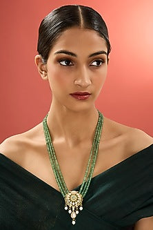 Gold Finish Kundan Polki & Emerald Stone Long Necklace In Sterling Silver