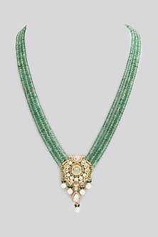 Gold Finish Kundan Polki & Emerald Stone Long Necklace In Sterling Silver