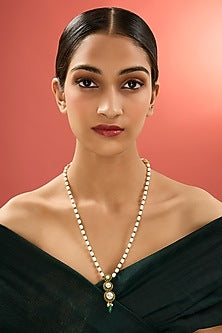 Gold Finish Kundan Polki & Emerald Stone Long Necklace In Sterling Silver
