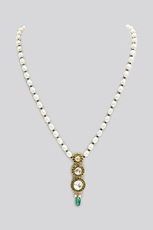 Gold Finish Kundan Polki & Emerald Stone Long Necklace In Sterling Silver