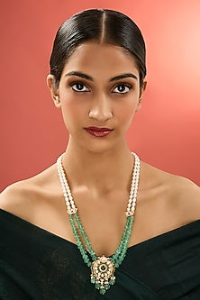 Gold Finish Kundan Polki & Emerald Stone Long Necklace In Sterling Silver